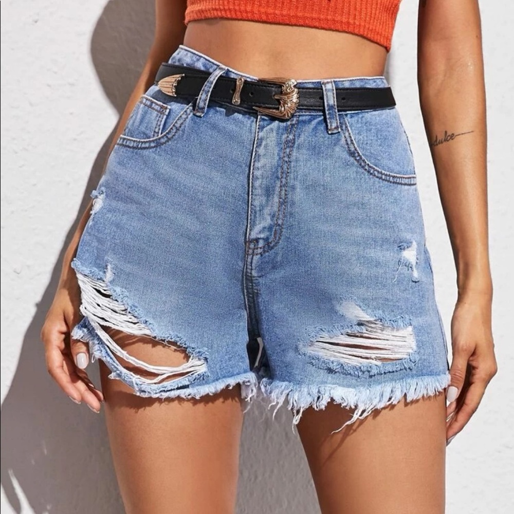 shein ripped light wash denim shorts